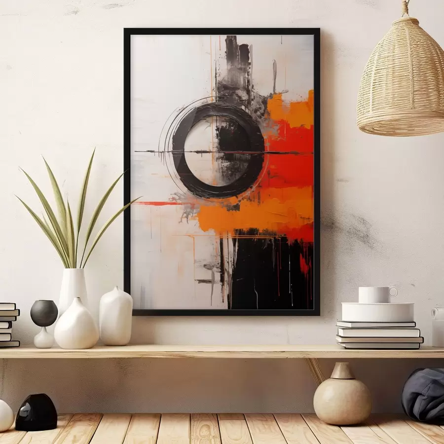 Fototapetes Melna apļa uz balta fona, oranžas līnijas un šļakatas f46549