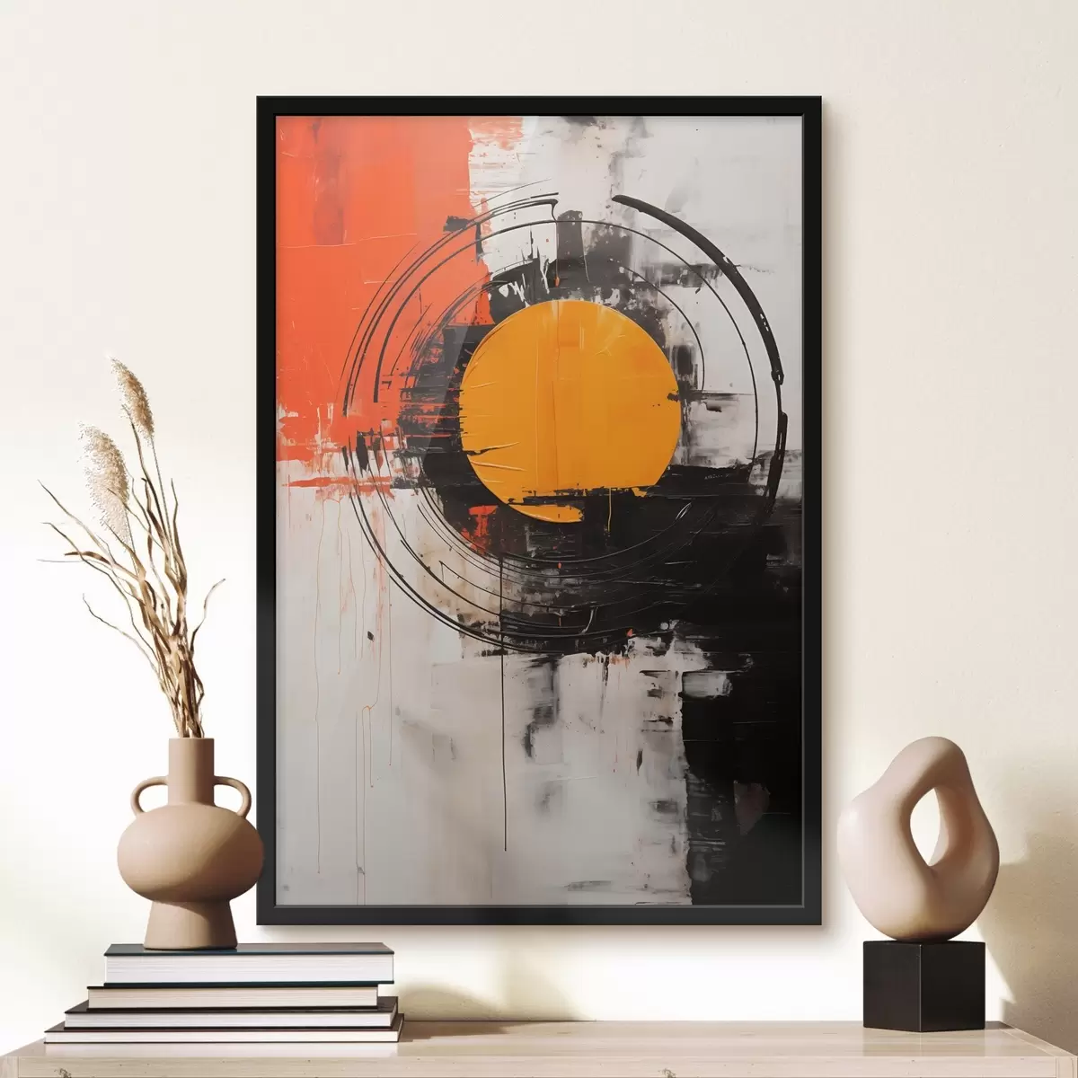 Plakāts Oranža disks melnā gredzenā, triepieni un šļakatas f46550