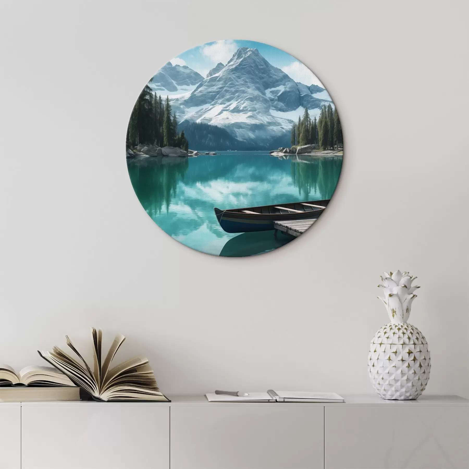 Glezna Alpu ezers ar kanoe un sniegotiem virsotnēm r46481