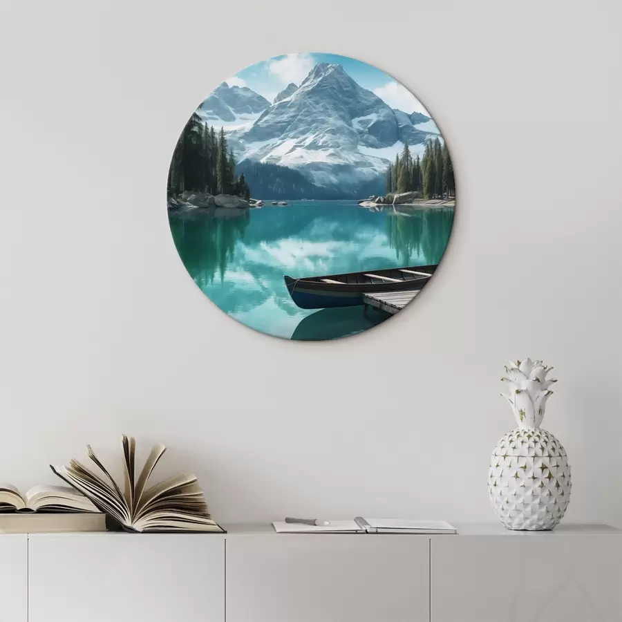 Glezna Alpu ezers ar kanoe un sniegotiem virsotnēm r46481