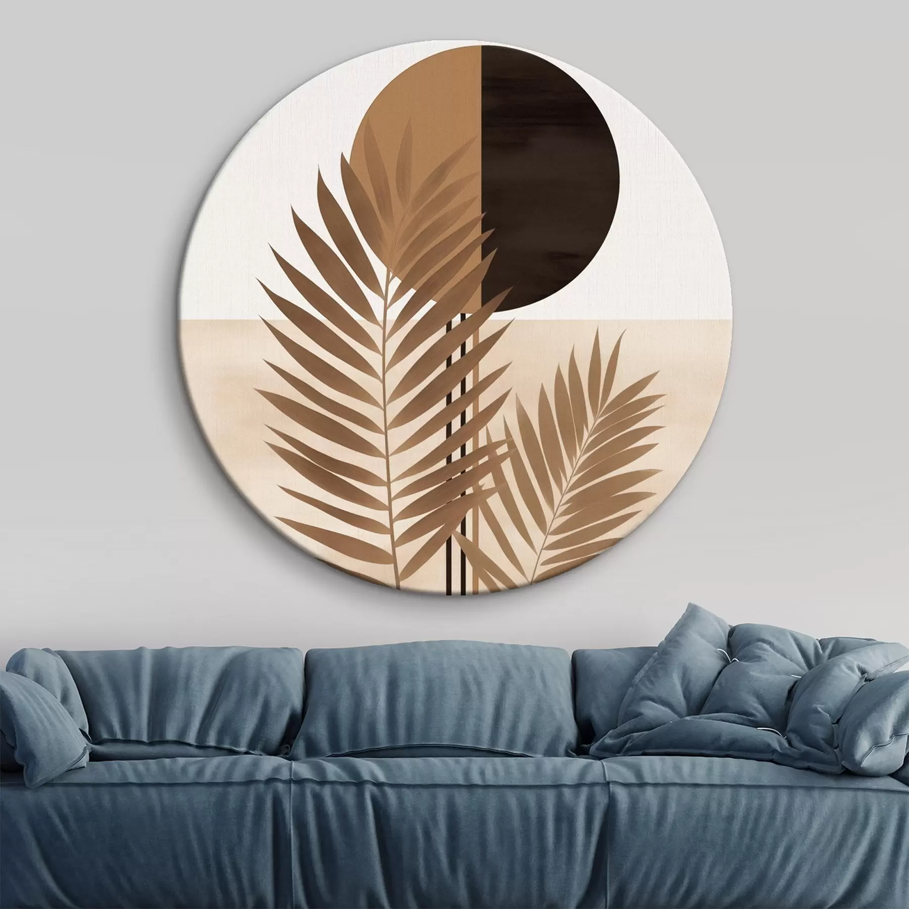 Glezna Divas palmu lapas ar sadalītu apļa saules motīvu r46491