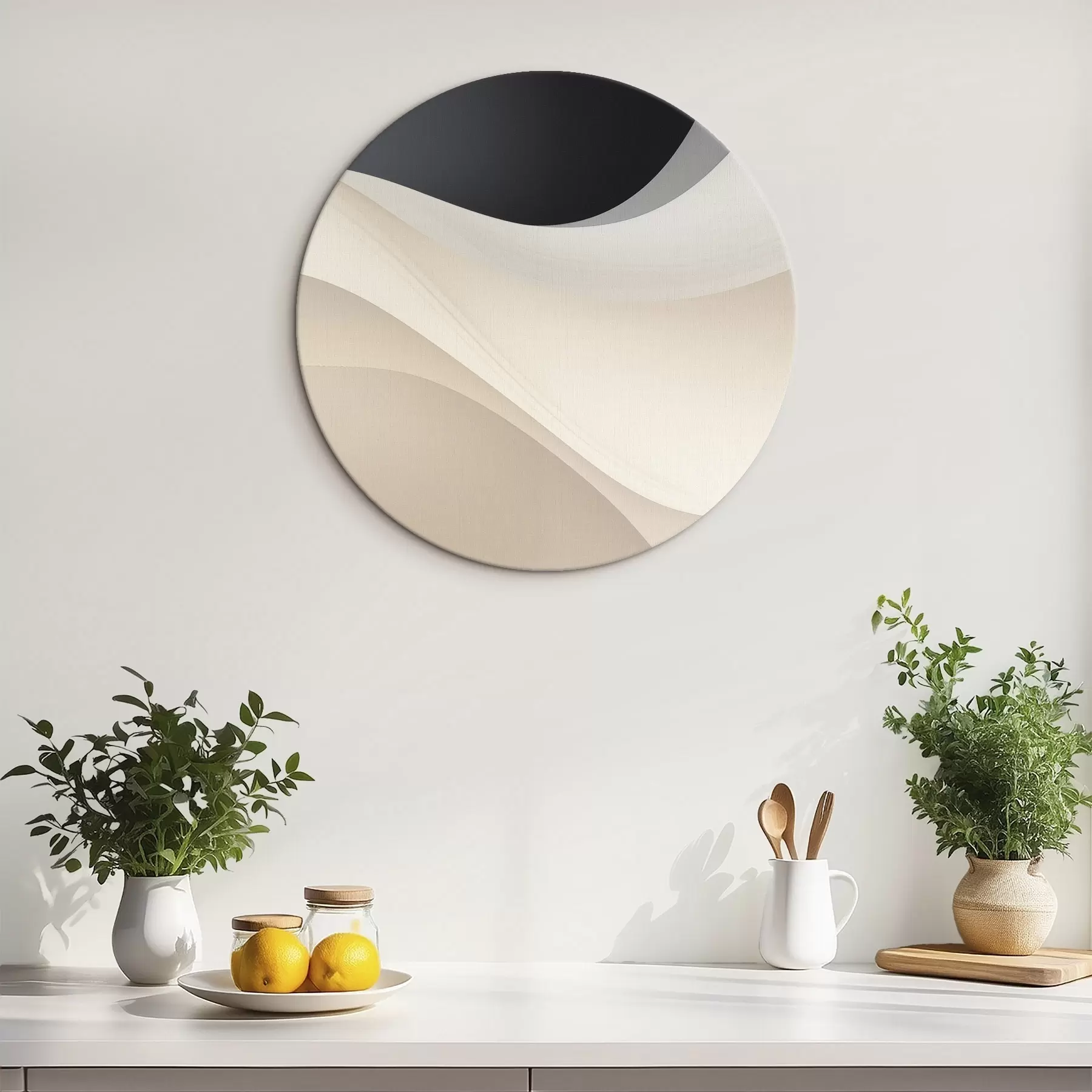 Glezna Slāņveida plūstošas līknes melnā, krēmkrāsā un pelēkbrūnā krāsā r46492