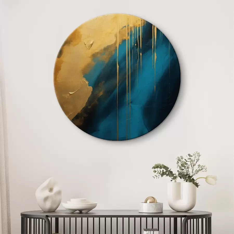 Glezna Tirkīza un tumši zila abstrakcija ar plūstošiem siltu toņu akcentiem r46509