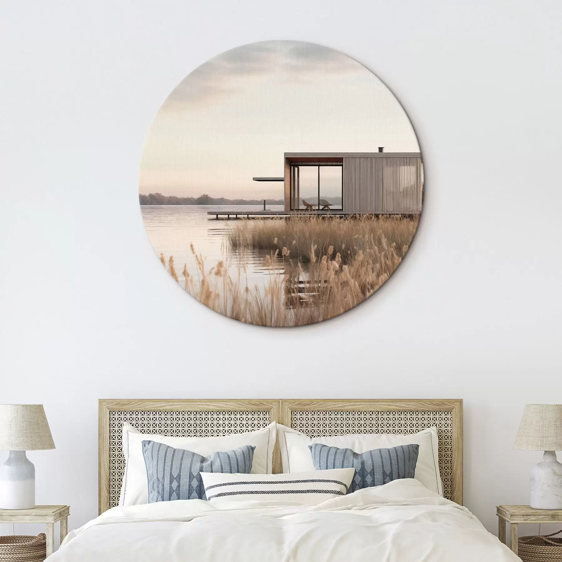 Glezna Mūsdienīga māja ezera krastā niedru vidū maigā krēslas laikā r46513