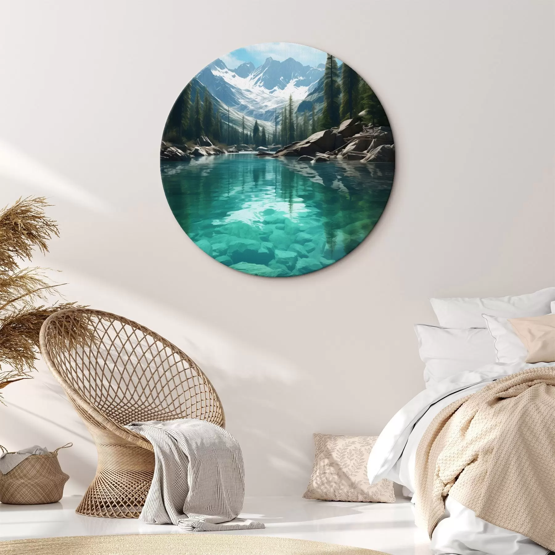 Glezna Dzidra alpīna upe ar akmeņainu gultni un sniegotiem virsotnēm r46514