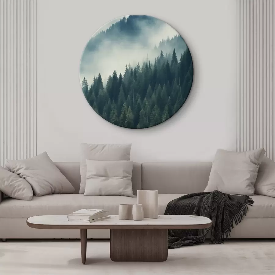 Glezna Migla virs skujkoku nogāzēm, dziļi zaļie toņi r46516