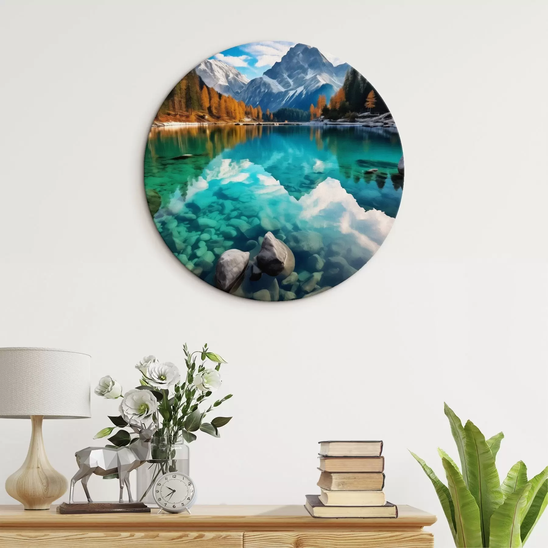 Glezna Kalnu ezers ar tirkīza krāsas ūdeni un rudens lapeglēm r46517