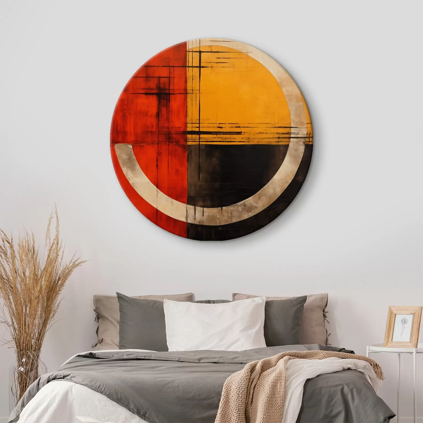 Glezna Abstrakts aplis uz sarkana-melnā fona ar līnijām r46535