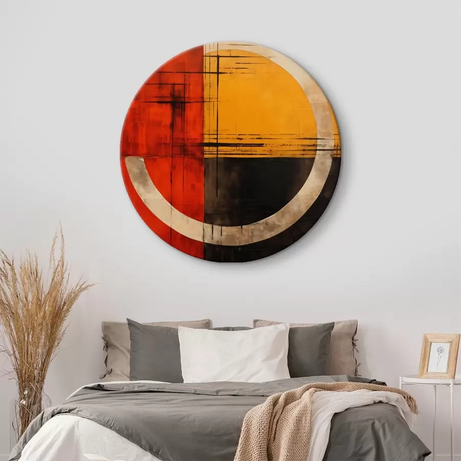 Glezna Abstrakts aplis uz sarkana-melnā fona ar līnijām r46535