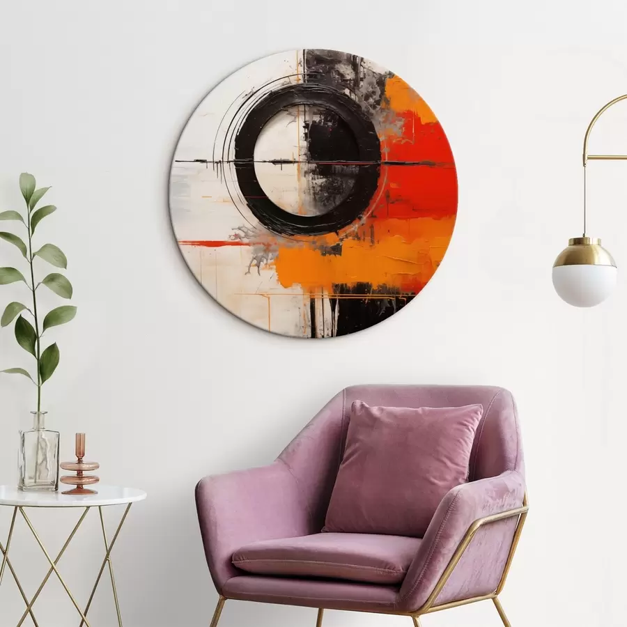 Glezna Melna apļa uz balta fona, oranžas līnijas un šļakatas r46549