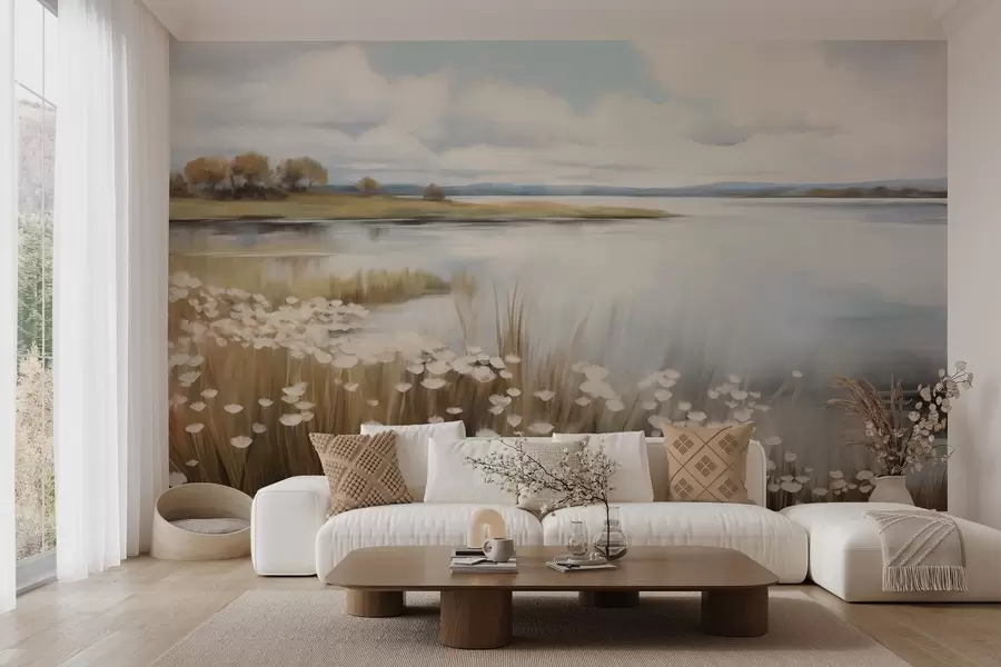 Fototapetes Teksturēts ainavas, lauks ar baltiem ziediem un garu zāli, ezers fonā, zāļains kalns ar kokiem, maigas krāsas w09530