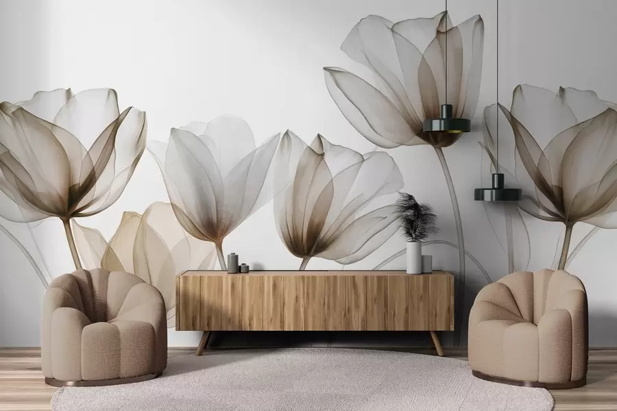 Fototapetes Caurspīdīgi brūni un balti tulpju ziedi ar gariem kātiem, uz gaiša fona, delikāts un teksturēts ziedu mākslas darbs w09538v1