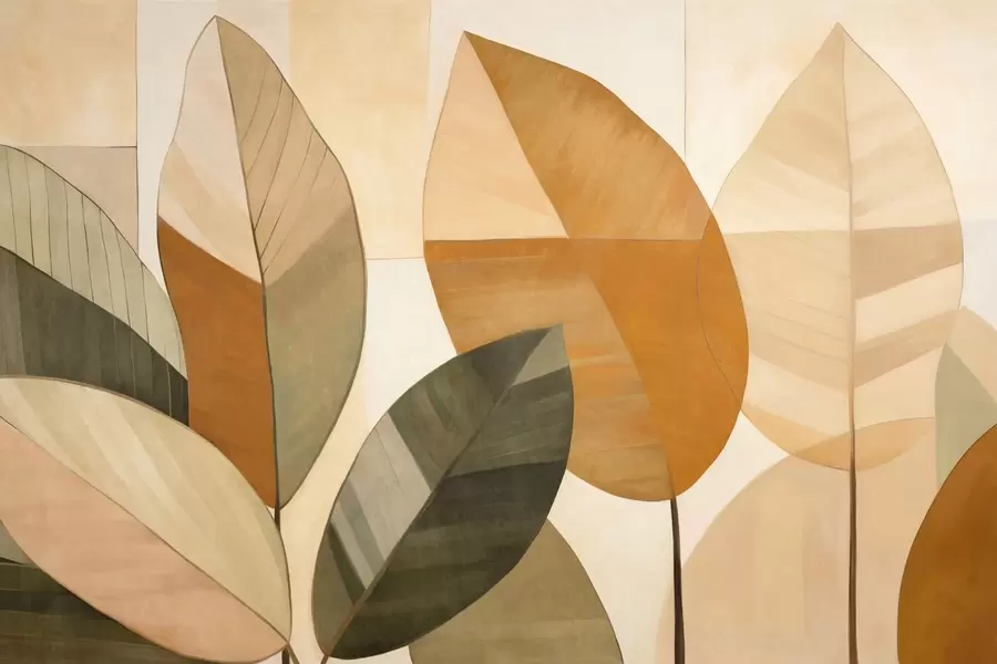 Fototapetes Abstraktas lielas lapas oranžā, brūnā un zaļā krāsā, teksturētas, izkārtotas uz gaiša fona w09539