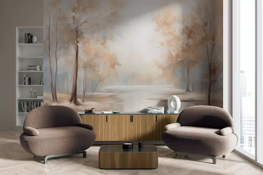 Fototapetes Rudens teksturēts ainava ar kokiem un upi, maigas krāsas, gaisīga atmosfēra, mierīga un klusa aina w09541