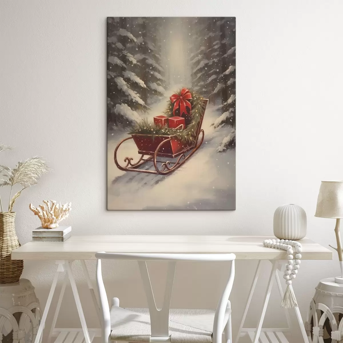 Glezna Ziemassvētku kamanas ar dāvanām sniegotā mežā s46630