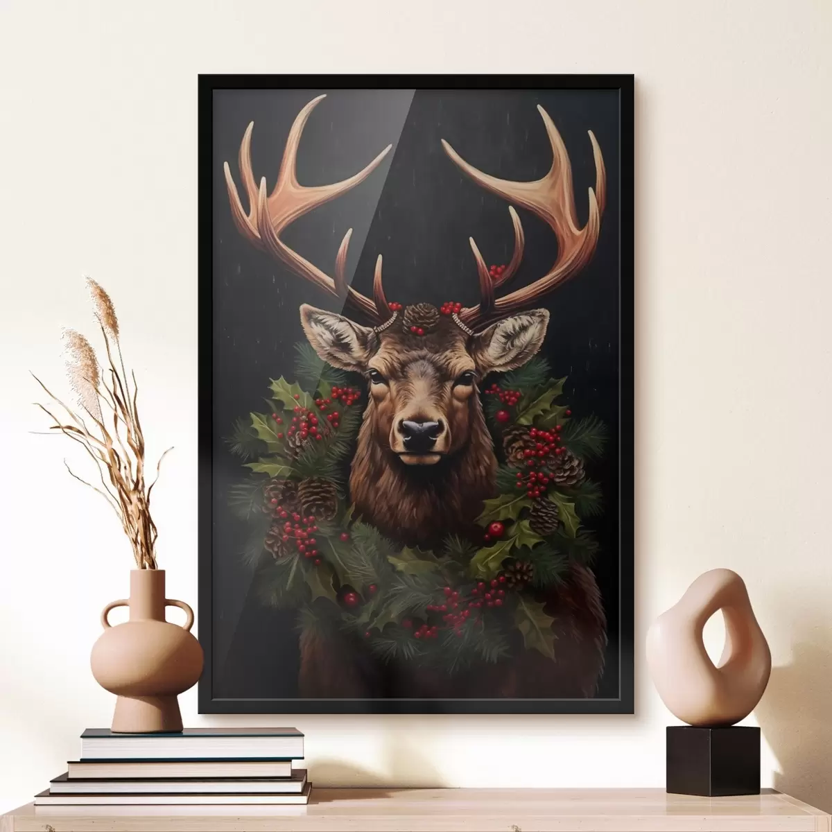 Plakāts Brieža portrets ar Ziemassvētku vainagu f46628