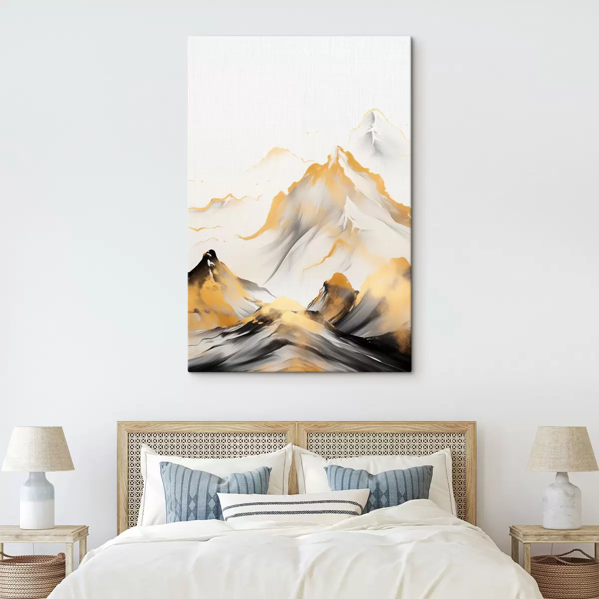 Glezna Teksturēti dzelteni un melni kalni ar sniegotiem virsotnēm, tušas gleznojuma stils, minimālisma stila kalnu grēda s46683