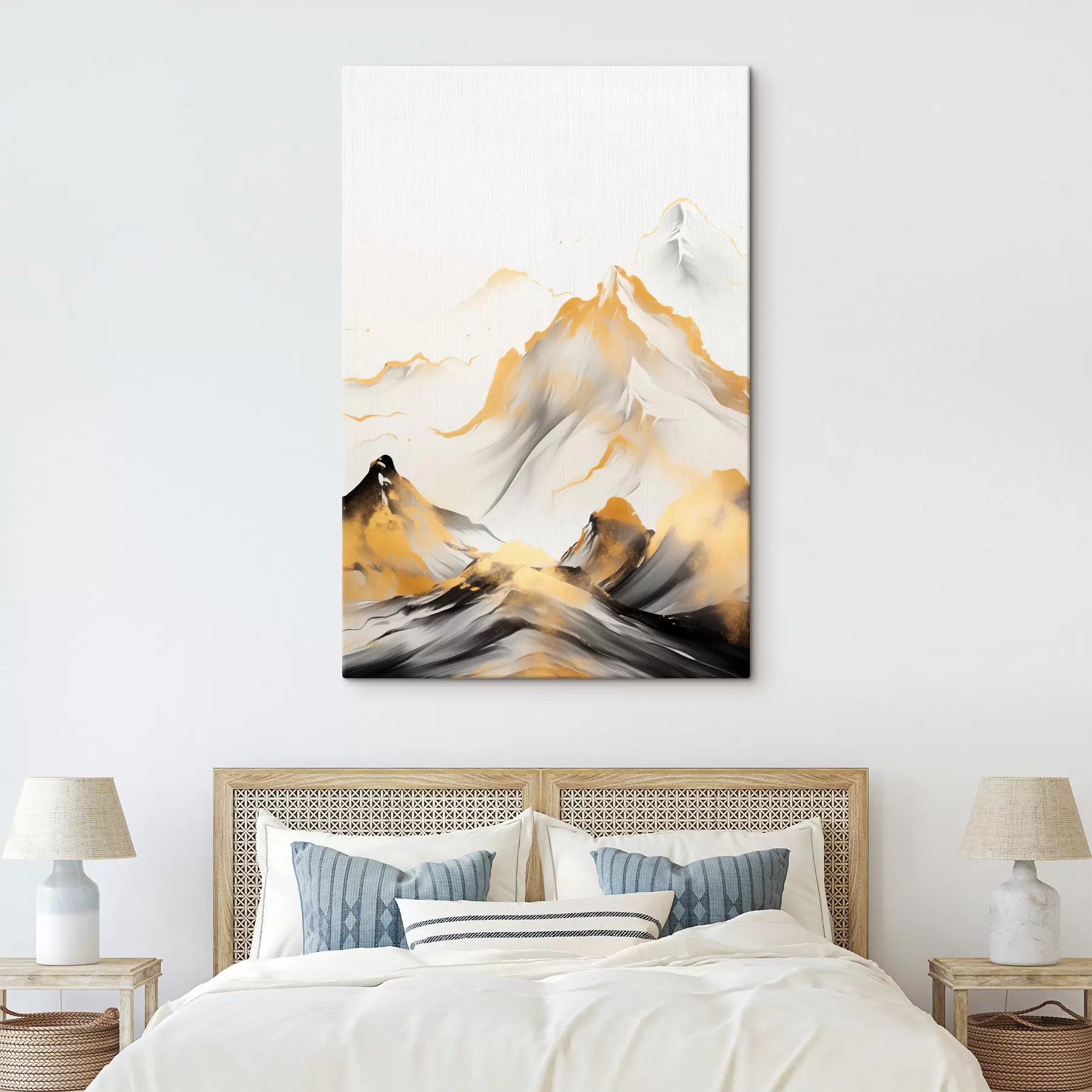 Glezna Teksturēti dzelteni un melni kalni ar sniegotiem virsotnēm, tušas gleznojuma stils, minimālisma stila kalnu grēda s46683