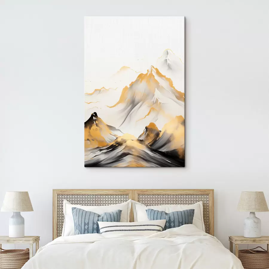 Glezna Teksturēti dzelteni un melni kalni ar sniegotiem virsotnēm, tušas gleznojuma stils, minimālisma stila kalnu grēda s46683
