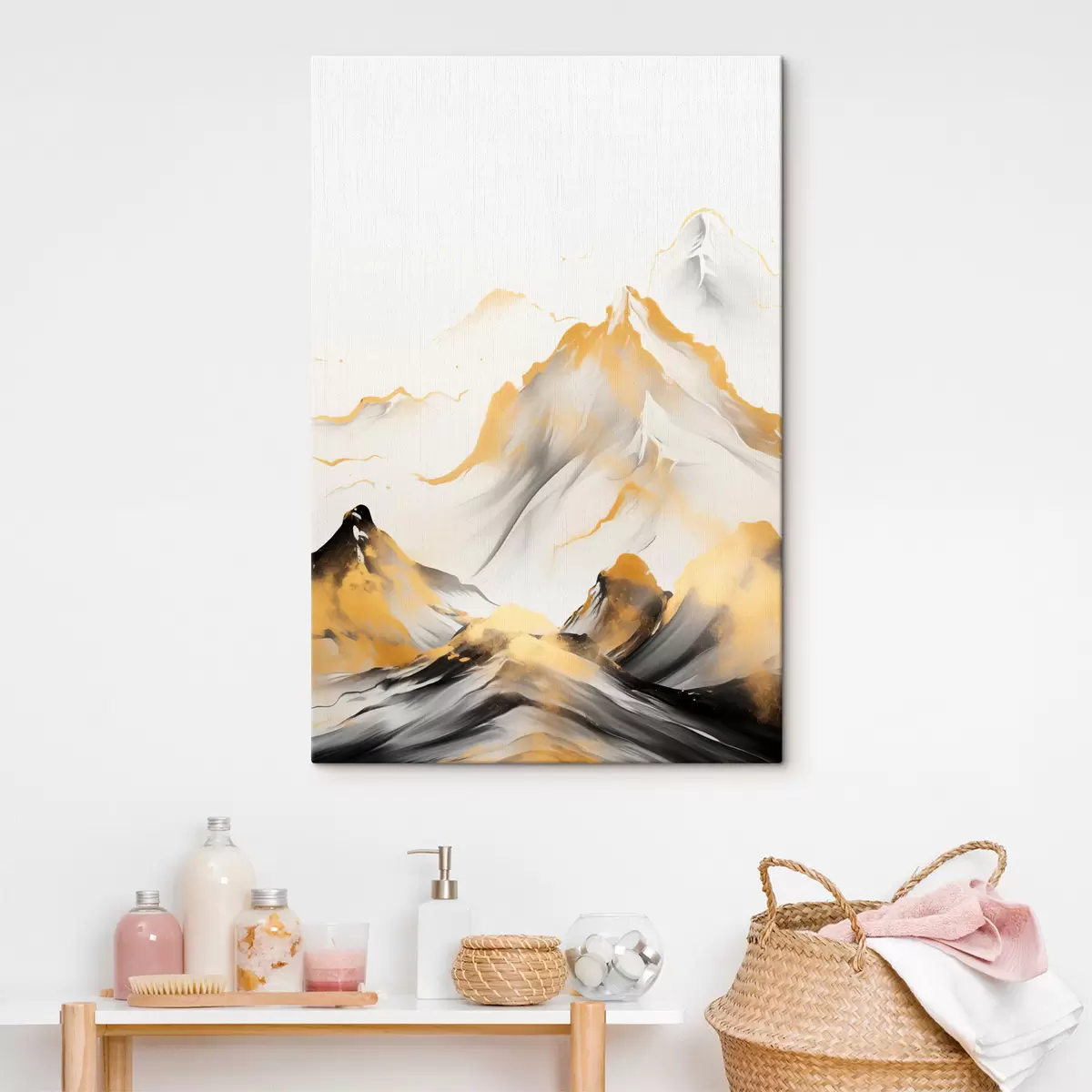 Glezna Teksturēti dzelteni un melni kalni ar sniegotiem virsotnēm, tušas gleznojuma stils, minimālisma stila kalnu grēda s46683