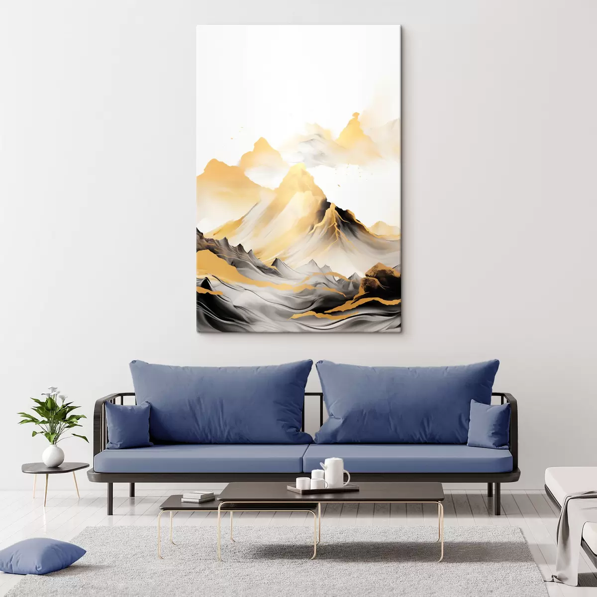 Glezna Teksturēti dzelteni un melni kalni ar sniegotiem virsotnēm, tušas gleznojuma stils, minimālistiska kalnu grēda s46684