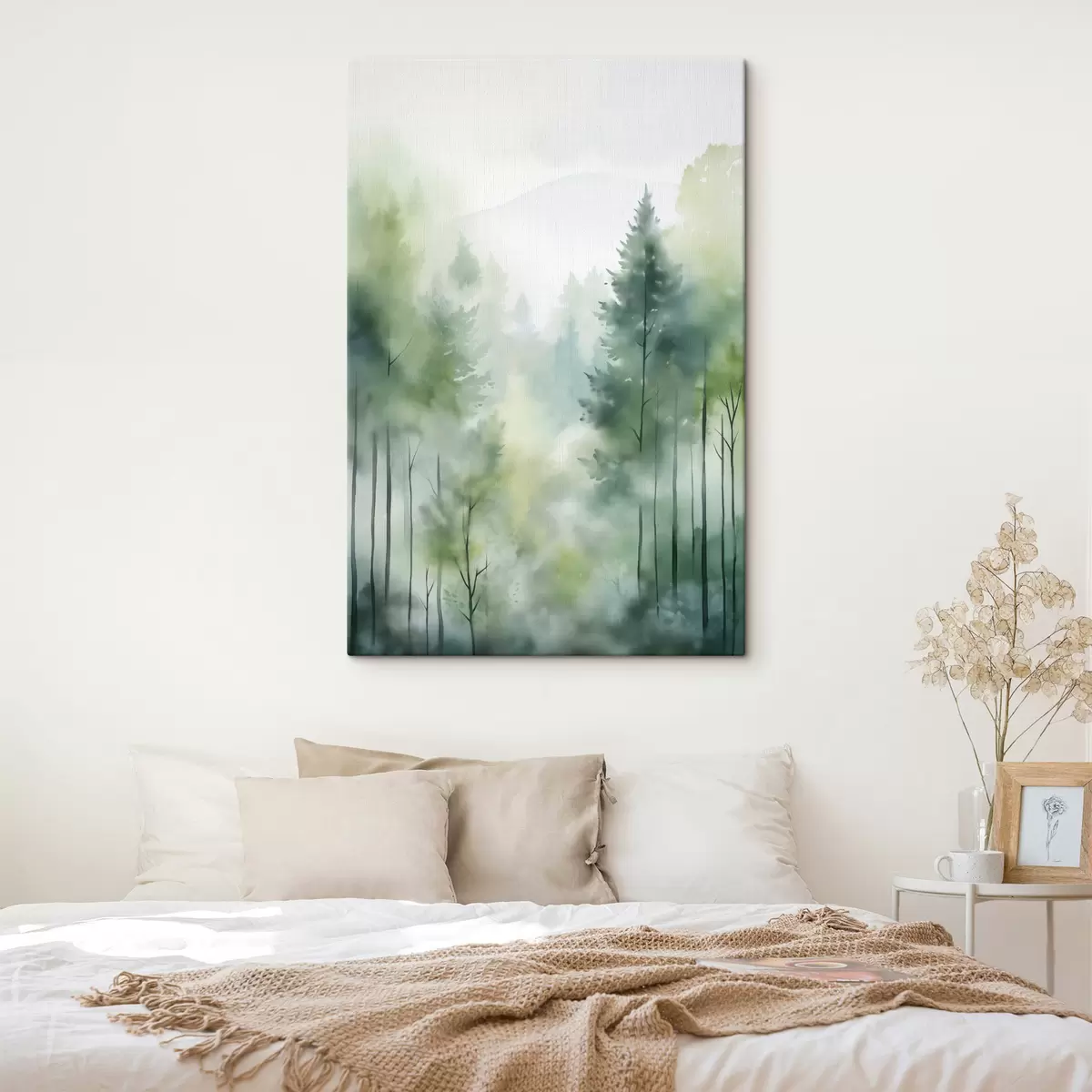 Glezna Akvareļa glezna, kas imitē miglas apklātu mežu ar augstām priedēm un kalniem fonā s46690
