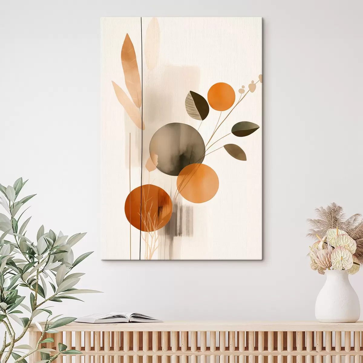 Glezna Abstrakta glezna ar oranžiem un pelēkiem apļiem, lapām un zariem, modernā stilā, akvareļa efekts s46697