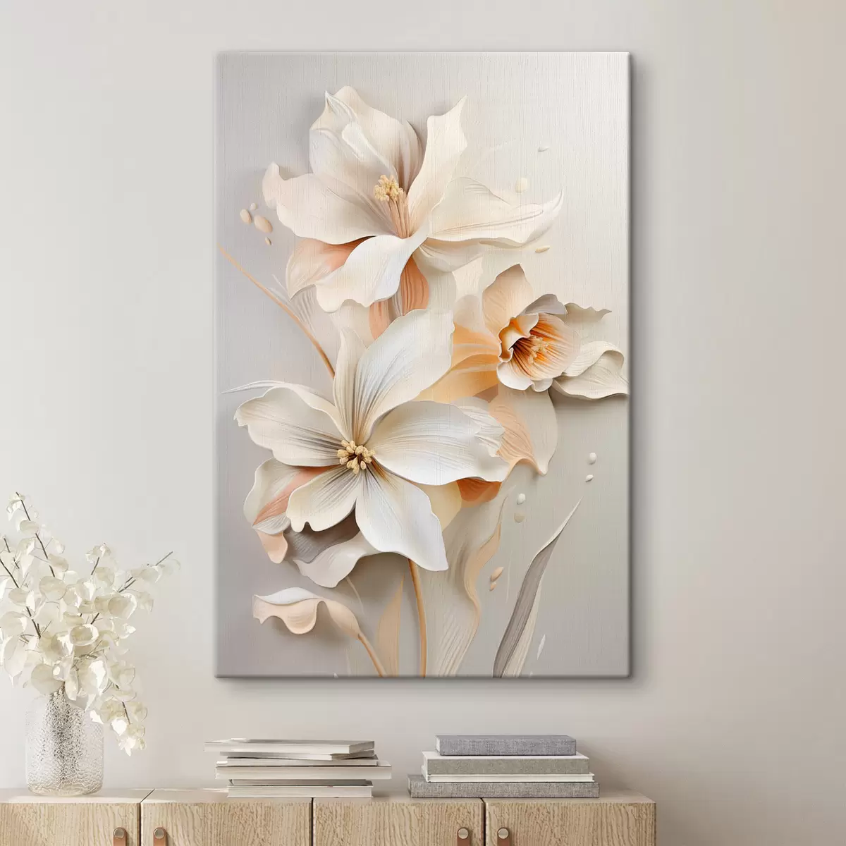 Glezna Baltas puķes, ziedlapiņas ar maigām ēnām, gaiši smilškrāsas fons, eleganta kompozīcija, minimālisma stils s46699