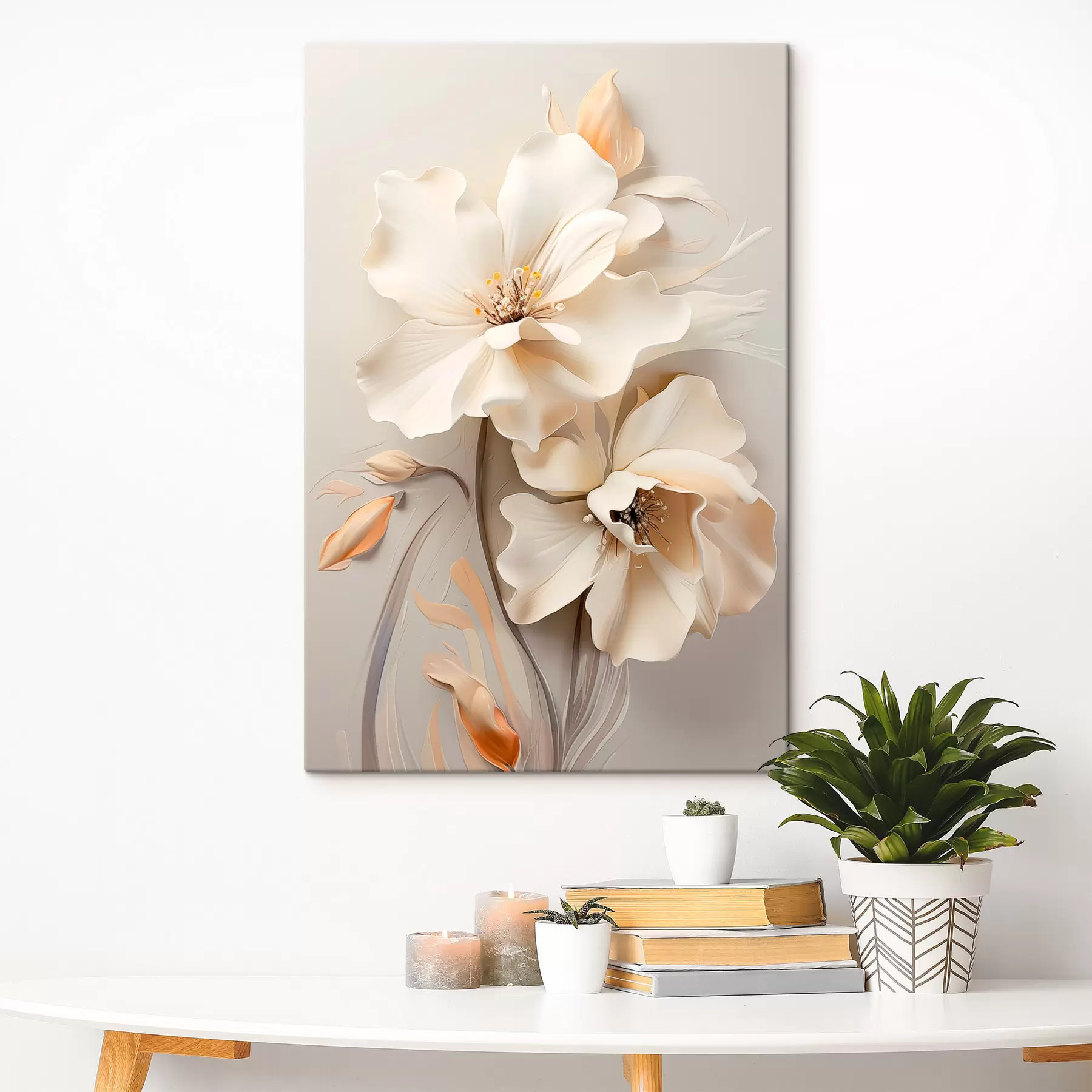 Glezna Baltas puķes, ziedlapiņas ar maigām ēnām, gaiši smilškrāsas fons, eleganta kompozīcija, minimālisma stils s46700