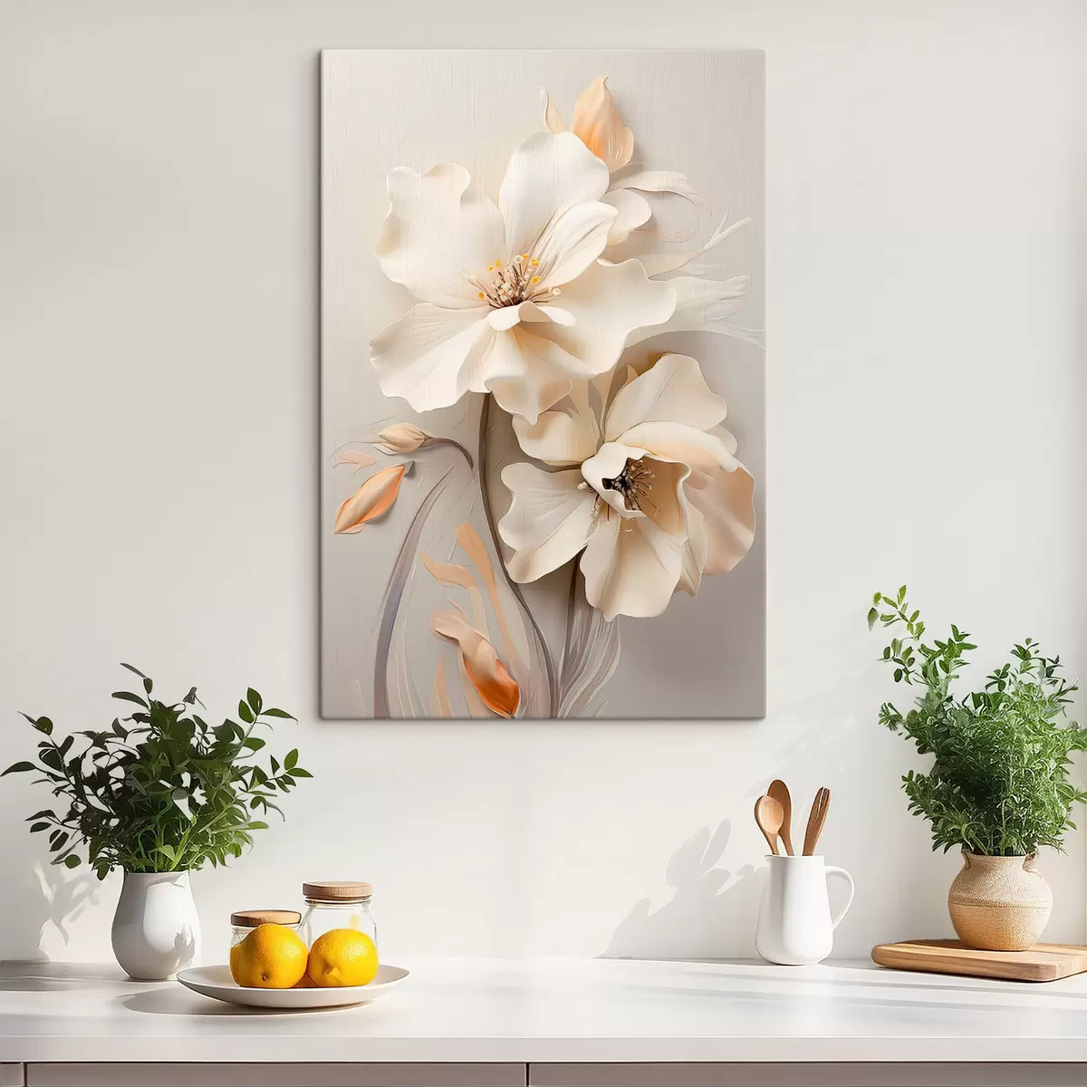 Glezna Baltas puķes, ziedlapiņas ar maigām ēnām, gaiši smilškrāsas fons, eleganta kompozīcija, minimālisma stils s46700