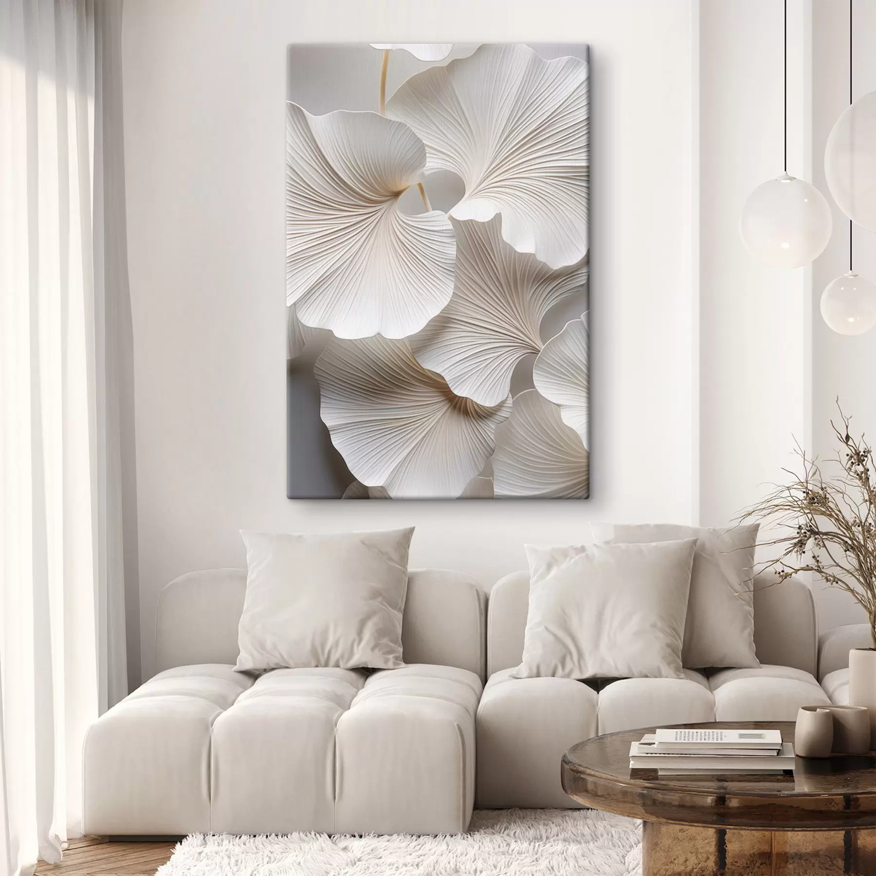 Glezna Baltas ginkgo biloba lapas ar izteiktām vēnām, maigu apgaismojumu, teksturētu elegantu un minimālistisku dizainu s46705