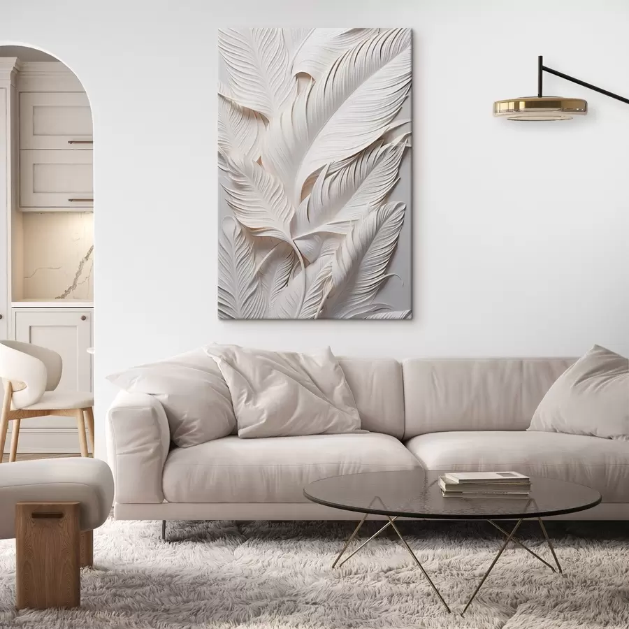 Glezna Baltas lapas ar sarežģītiem detaļiem, radot teksturētu un slāņotu efektu, minimālisma māksla s46706