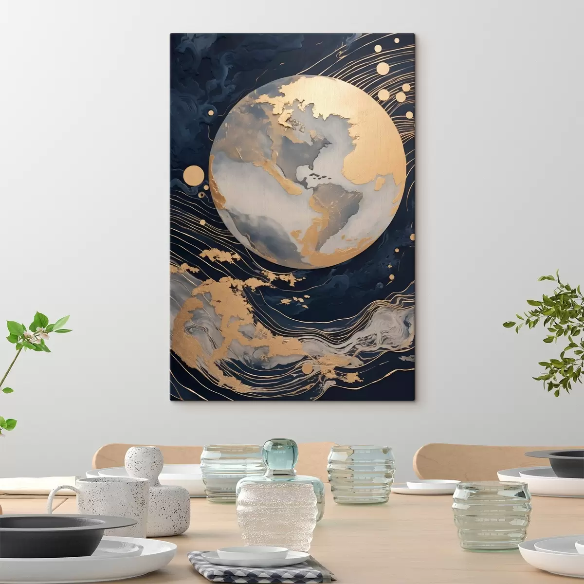 Glezna Teksturēta dekoratīva planēta ar dzeltenām līnijām fonā, dzelteniem punktiem fonā, tumšs fons s46708