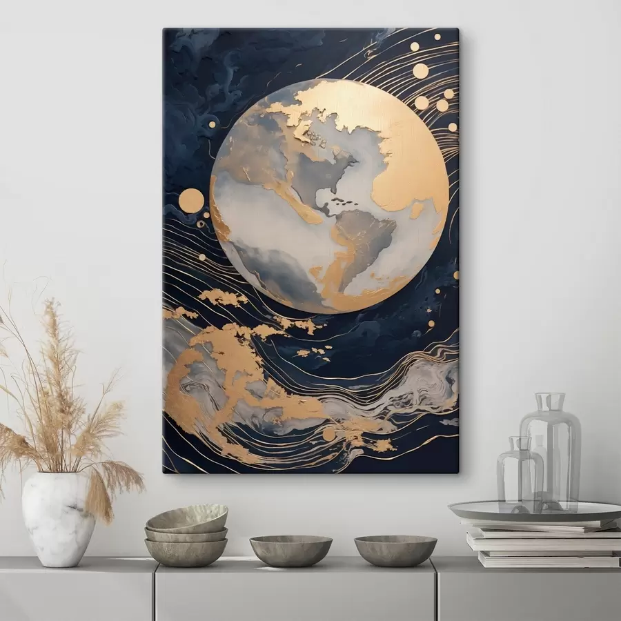 Glezna Teksturēta dekoratīva planēta ar dzeltenām līnijām fonā, dzelteniem punktiem fonā, tumšs fons s46708