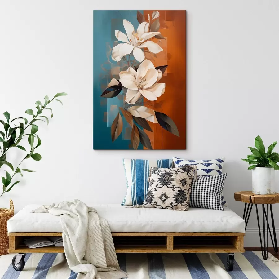 Glezna Abstraktas baltas puķes un lapas uz brūna un zila fona ar abstraktām formām, minimālisma stilā s46710