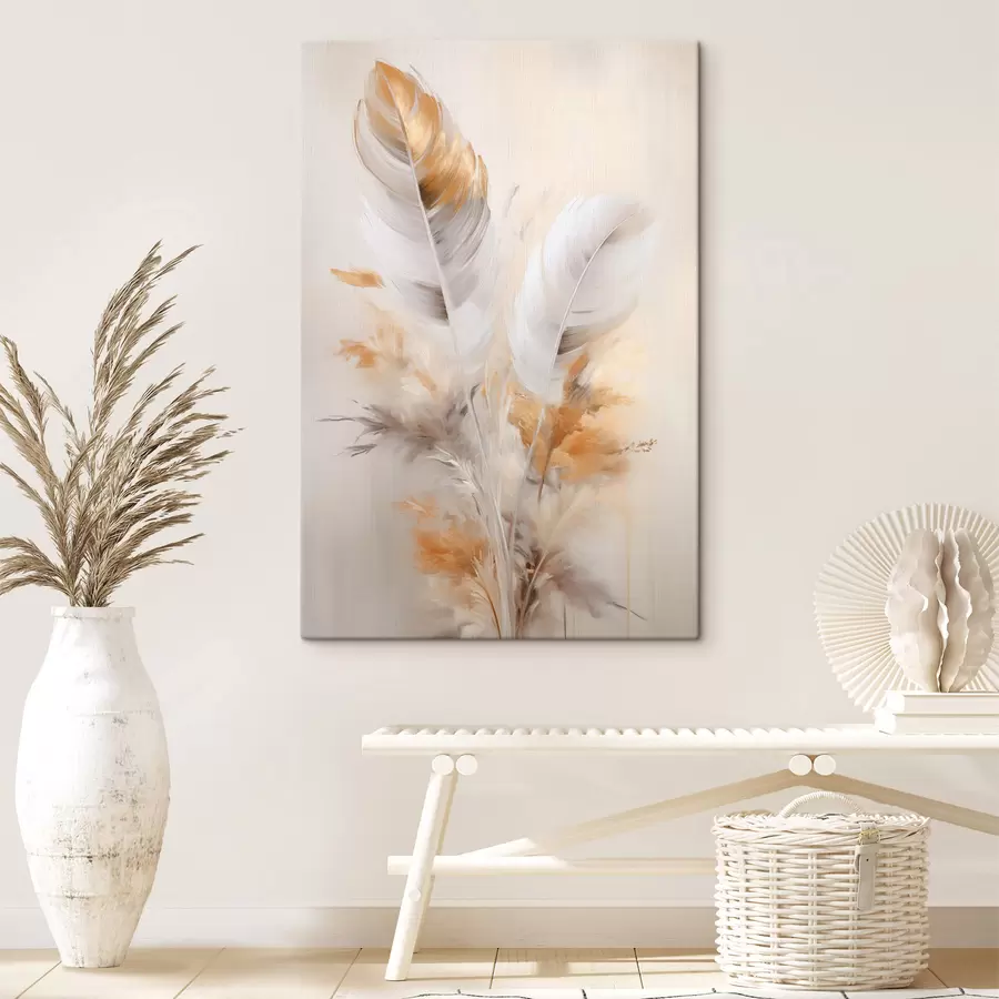 Glezna Abstraktas spalvas, apņemtas ar smilškrāsas un brūnas plūmas, maigas un delikātas, uz gaiši smilškrāsas fona. s46711