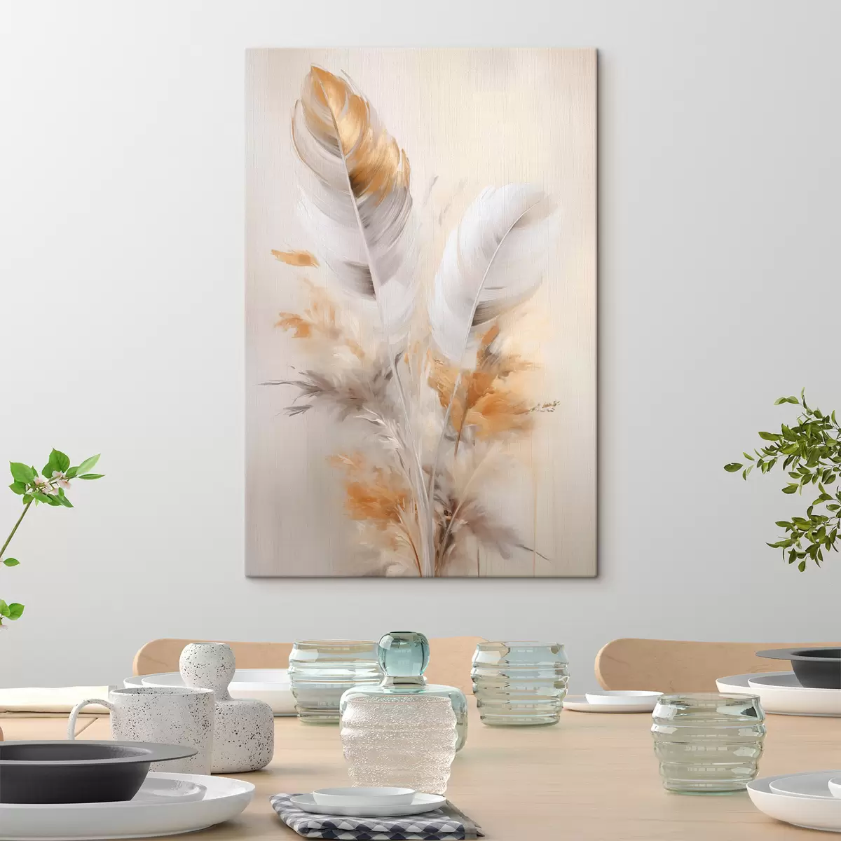 Glezna Abstraktas spalvas, apņemtas ar smilškrāsas un brūnas plūmas, maigas un delikātas, uz gaiši smilškrāsas fona. s46711