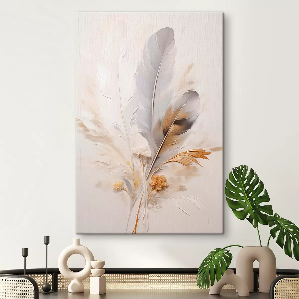 Glezna Abstraktas spalvas, apņemtas ar smilškrāsas un brūnas plūmas, maigas un delikātas, uz gaiši smilškrāsas fona. s46712