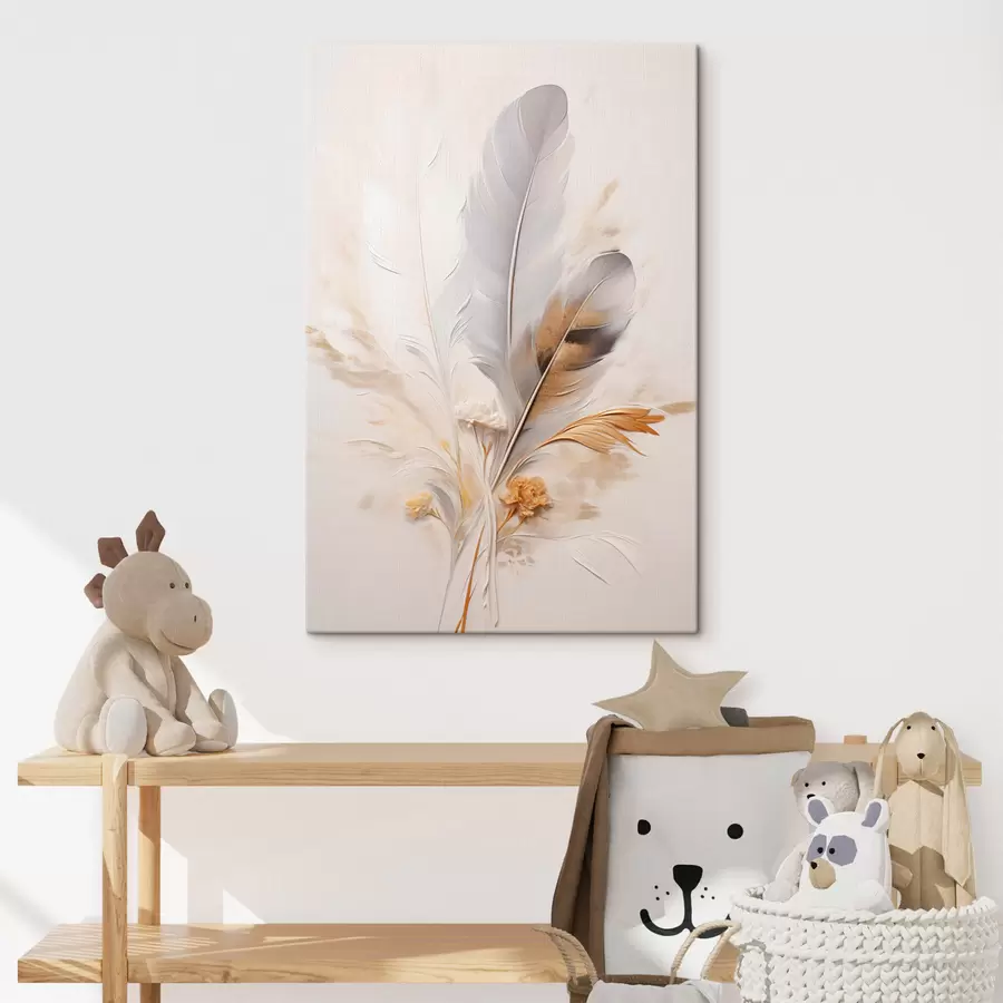 Glezna Abstraktas spalvas, apņemtas ar smilškrāsas un brūnas plūmas, maigas un delikātas, uz gaiši smilškrāsas fona. s46712