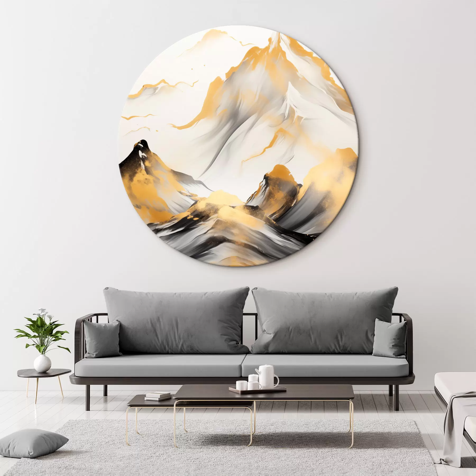 Glezna Teksturēti dzelteni un melni kalni ar sniegotiem virsotnēm, tušas gleznojuma stils, minimālisma stila kalnu grēda r46683