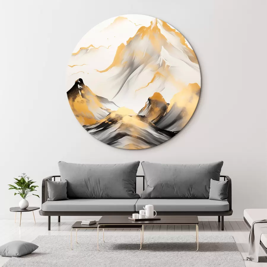 Glezna Teksturēti dzelteni un melni kalni ar sniegotiem virsotnēm, tušas gleznojuma stils, minimālisma stila kalnu grēda r46683