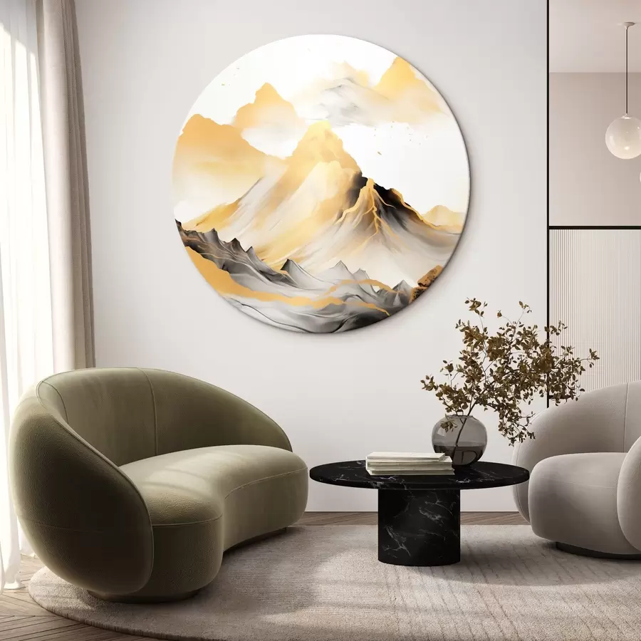 Glezna Teksturēti dzelteni un melni kalni ar sniegotiem virsotnēm, tušas gleznojuma stils, minimālisma stila kalnu grēda r46684