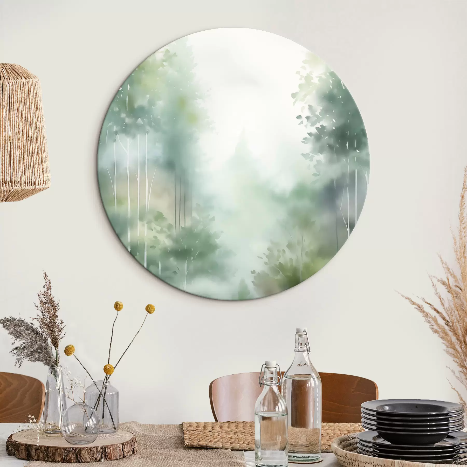 Glezna Akvareļa glezna, kas imitē abstraktu mežu ar augstiem kokiem un zaļām lapām, maigās, klusās krāsās r46689