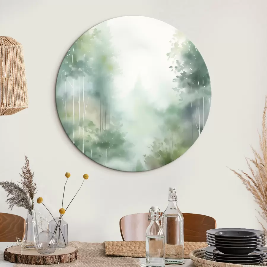 Glezna Akvareļa glezna, kas imitē abstraktu mežu ar augstiem kokiem un zaļām lapām, maigās, klusās krāsās r46689