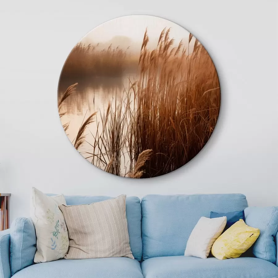 Glezna Augsti niedres, kas aug ūdenstilpē, ūdens atspoguļo niedres, miglains fons, maiga gaisma, dabas skats r46695