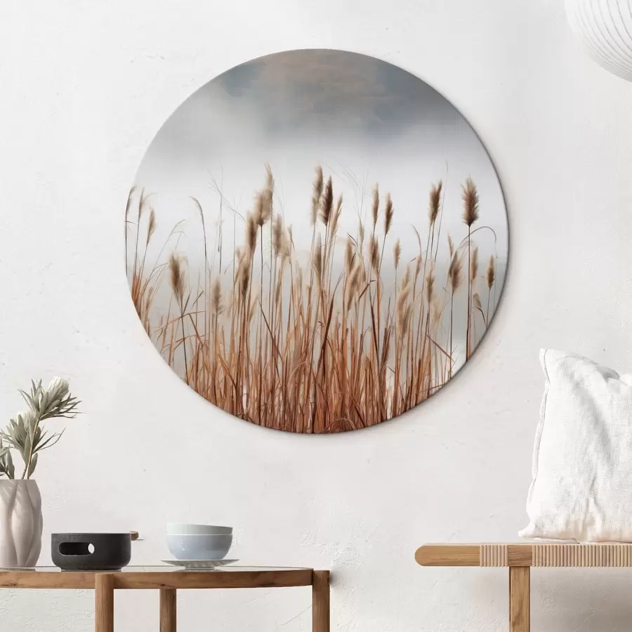 Glezna Augsti niedres, kas aug ūdenstilpē, ūdens atspoguļo niedres, miglains fons, maiga gaisma, dabas skats r46696