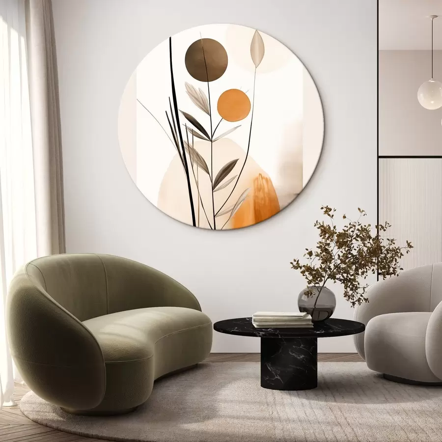 Glezna Abstrakta glezna ar oranžiem un pelēkiem apļiem, lapām un zariem, modernā stilā, akvareļa efekts r46698