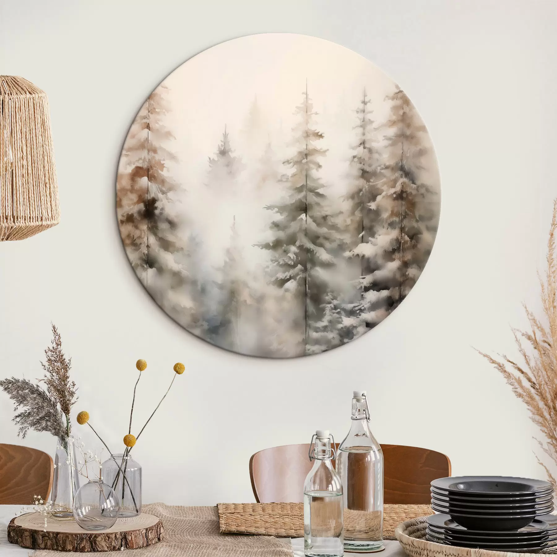 Glezna Augstas, sniega klātas priedes, kas stāv miglas apņemtā mežā, maiga, klusa ziemas ainava r46701