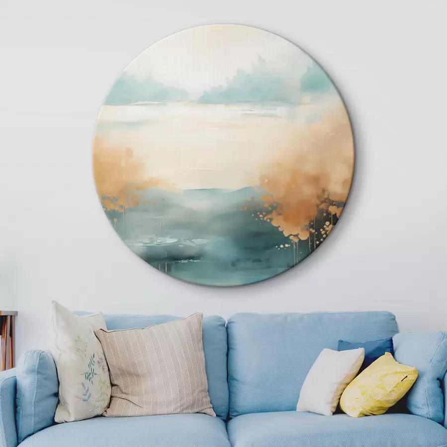 Glezna Abstrakts ainavas ar kalniem un ezeru zilgani zaļā un teksturētā dzeltenā krāsā, maigi otas triepieni, minimālisma mākslas darbs r46704