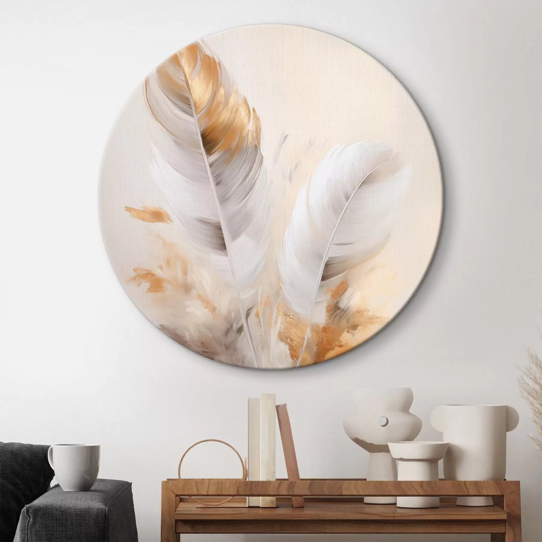 Glezna Abstraktas spalvas, apņemtas ar smilškrāsas un brūnas plūmas, maigas un delikātas, uz gaiši smilškrāsas fona. r46711